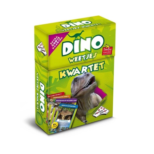 Met het Spel Weetjes Kwartet Dino's moet je steeds 4 kaarten van een serie bij elkaar zoeken. Op de kaarten staan ook weetjes over dino’s. Degene die aan het eind de meeste setjes heeft, wint.