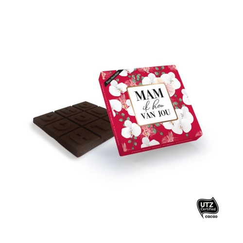 Zoet & Lekker • Sweet Love • Chocolade geschenkreep van Belgische kwaliteit chocolade, UTZ Certified • 100 gr PURE Chocolade in luxe verpakking • Afmeting: 105 x 105 mm •