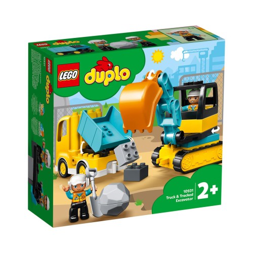 Bouw de mooiste dingen op de bouwplaats met de De LEGO DUPLO 10931 Truck & Graafmachine Met Rupsbanden   Deze geweldige bouwplaats set met 2 figuren van bouwvakkers, een kiepwagen en een graafmachine met een ronddraaiende cabine en bewegende schep.