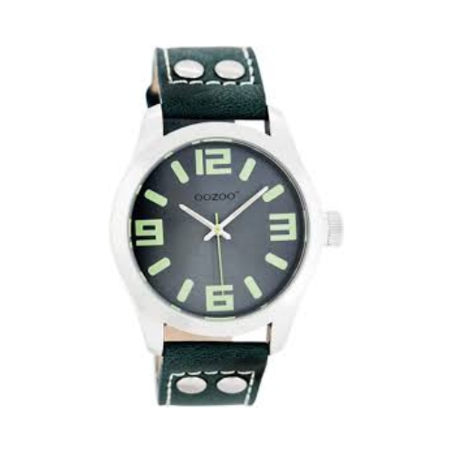 OOZOO Junior basic horloge JR269 met een kort zwart leren bandje, zwarte wijzerplaat met neongroene details en een matte, zilverkleurige horlogekast.