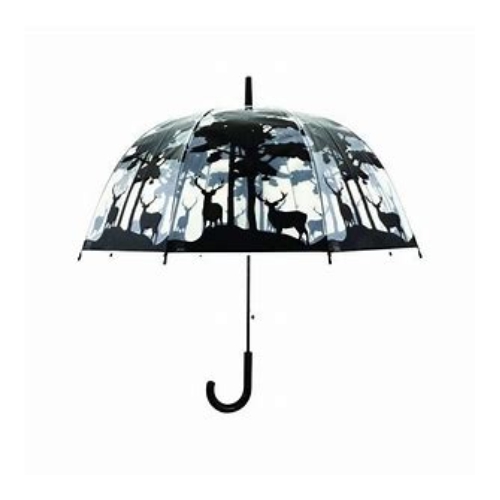 Doorzichtige paraplu van Esschert Design met zwarte print van bomen en dieren in het bos.

Afmetingen: b 83 x d 83 x h 81,5 cm.

Materiaal: POE, metal, PP