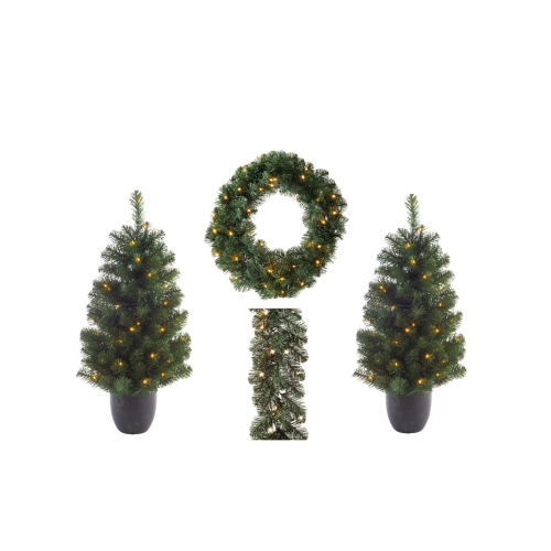 De Everlands Kerstgroen Set - Buiten bestaat uit 4 onderdelen: een guirlande, een kerstkrans en 2 kerstboompjes. Alle 4 items zijn voorzien van LED lampjes die een warm wit licht afgeven.