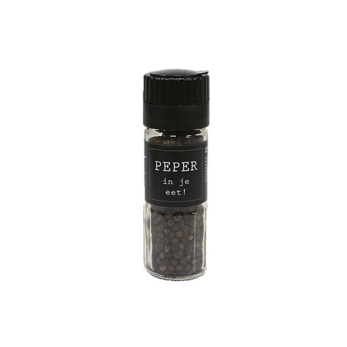 Zwarte peperbolletjes in molen. Hele peperbolletjes geoogst in Brazilië. Een noodzakelijk ingrediënt in iedere keuken. Afgetopt met een handig molentje om de peper fijn te malen voor gebruik.