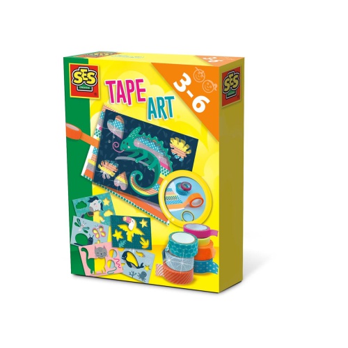 Kinderen leren spelenderwijs netjes tape te plakken met SES Ik Leer Tape Art Dieren. De achtergrondkaarten worden bedekt met tape, waarna de voorgesneden afbeelding erop wordt geplakt.