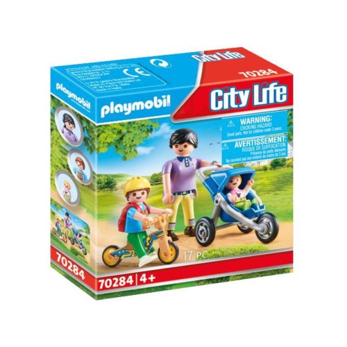 Met de Playmobil 70284 Mama Met Kinderen kunnen kinderen zelf verhalen verzinnen. De loopfiets en kinderwagen kunnen echt rijden. Bevat een loopfiets, een kinderwagen, een volwassen PLAYMOBIL figuur, twee PLAYMOBIL kinderfiguren en accessoires. Geschikt v